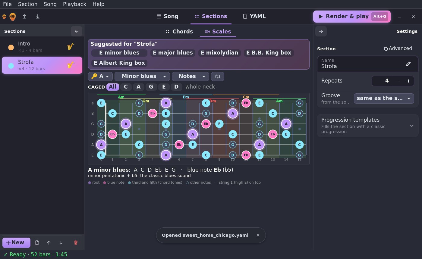 Scales tab: fretboard with CAGED boxes and suggested scales